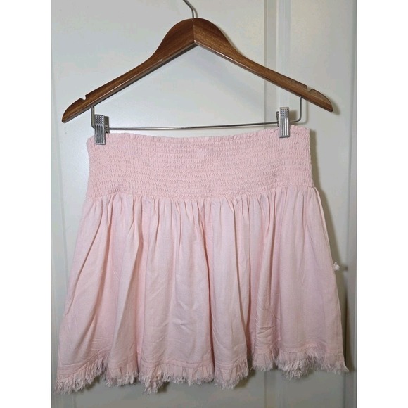 Ramy Brook Pink Fringe‎ Smocked Waist Mini Skirt Size Large Pockets Ruffle CUTE - Picture 2 of 9